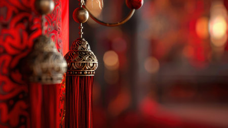 This image showcases intricate red tassels hanging elegantly in a vibrant festive setting, highlighting traditional craftsmanship and rich cultural heritage.の素材