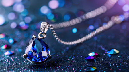 A stunning blue gem necklace featuring a teardrop pendant, beautifully displayed on a sparkling background filled with colorful rhinestones.の素材