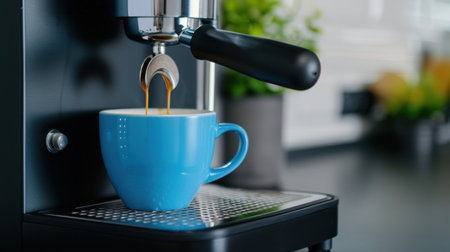 A striking image capturing the moment an espresso machine brews rich coffee into a vibrant blue mug. The modern kitchen setting enhances the cozy feel, evoking a daily ritual enjoyed by coffee lovers.の素材