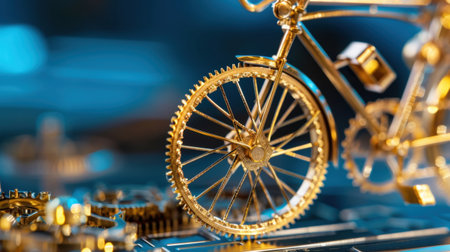 Intricate golden bicycle wheel showcasing mechanical gears against a striking blue background. Perfect for themes of craftsmanship, engineering, and artistic innovation.の素材