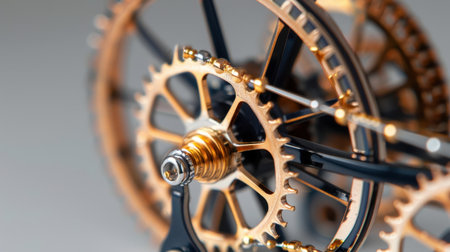 Discover the artistry of a clockwork mechanism in this close-up image, featuring golden gears and fine details that highlight precision in engineering.の素材