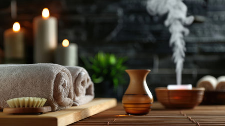 This serene spa setting features plush towels, soft candlelight, and soothing aromatherapy elements designed to enhance relaxation and wellness. Ideal for promoting peace and tranquility.の素材