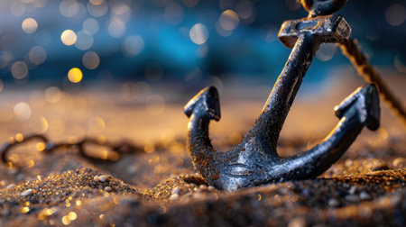 Captivating close-up of a rusty anchor partially buried in sandy beach, showcasing intricate textures and a soft bokeh background under dusk lighting.の素材