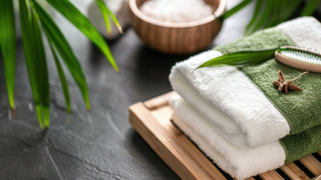 Enhance your spa experience with soft green and white towels alongside natural elements, creating a peaceful atmosphere ideal for relaxation and self-care.の素材