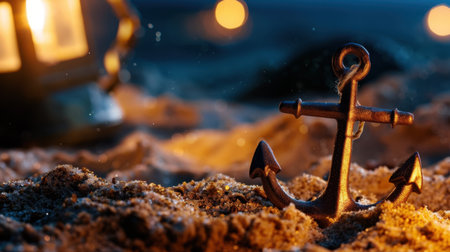 An anchor sits in soft sand, illuminated by warm lantern light, creating a cozy and nostalgic coastal scene perfect for summer memories and relaxation.の素材