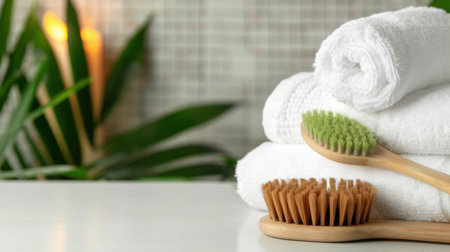 A serene bathroom scene featuring soft white towels stacked neatly with natural brushes. The setting includes greenery and soft candlelight, enhancing relaxation and wellness.の素材