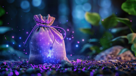 This captivating image features an enchanted bag illuminated with glowing particles against a mystical forest backdrop at night, evoking a sense of magic and wonder.の素材