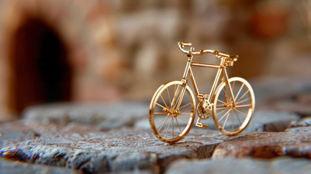 A detailed view of a golden miniature bicycle model positioned on a textured stone surface, illuminated by warm light. Ideal for showcasing creativity and craftsmanship.の素材