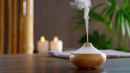 A beautifully designed aroma diffuser emits gentle steam in a cozy indoor space. Soft candlelight and lush greenery create a calming atmosphere perfect for relaxation.の素材