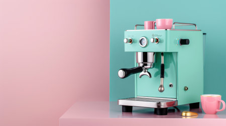 A charming vintage-style espresso machine in soft pastel hues sits on a vibrant tabletop, perfect for adding a stylish touch to any kitchen or cafe setting.の素材