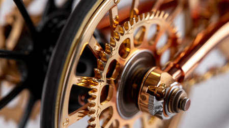 This close-up image captures an exquisite golden gear mechanism, highlighting the intricate craftsmanship and modern engineering design that exemplifies innovation and artistry.の素材