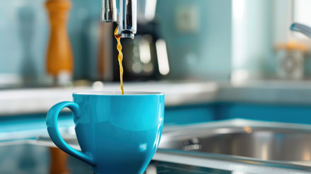 A vibrant blue cup captures freshly brewed coffee as it flows from a sleek machine. This cozy kitchen image inspires warmth and relaxation, perfect for coffee lovers.の素材