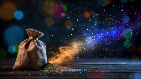 A captivating image featuring a fabric bag releasing a burst of colorful glitter against a dark background, enhanced by a stunning bokeh effect and sparkling particles.の素材