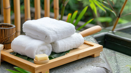 Soft white towels arranged neatly on a bamboo tray suggest a peaceful spa experience surrounded by lush greenery, enhancing relaxation and comfort.の素材