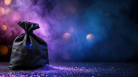 A captivating black bag appears on a dark surface, emitting colorful smoke and glitter particles. This image creates a sense of mystery and magic, perfect for artistic themes.の素材