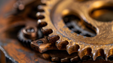 A detailed close-up view of vintage cogs and gears showcases the intricate design of mechanical engineering and the unique charm of aged metalwork.の素材