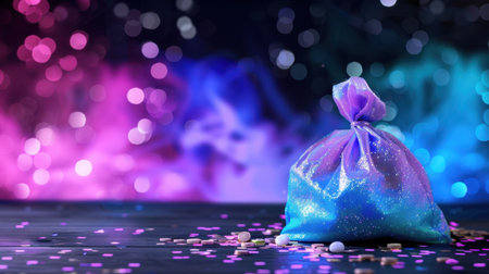 A vibrant, sparkling bag sits elegantly on a dark surface, surrounded by striking bokeh lights in pink, blue, and purple, evoking a festive mood.の素材