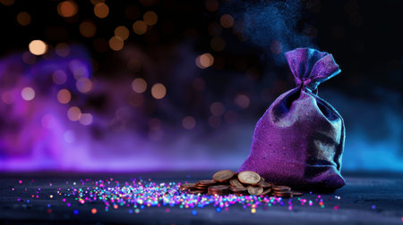 A vibrant party bag filled with shiny coins and colorful confetti sits on a dark table, illuminated by a soft bokeh background, creating a festive vibe.の素材