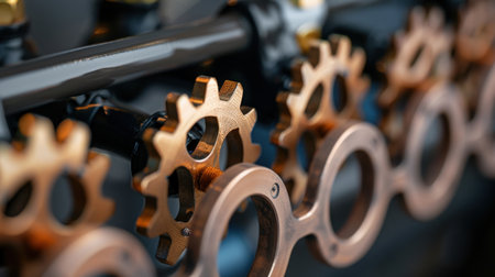 This close-up image showcases a series of interconnected copper gears within an industrial environment, highlighting intricate details and craftsmanship.の素材