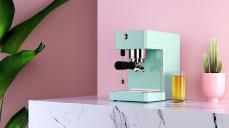 A chic mint green espresso machine sits on a sleek marble countertop against a pink wall, complemented by greenery and a refreshing drink, enhancing modern kitchen aesthetics.の素材