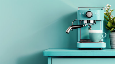 A charming turquoise espresso machine sits elegantly on a stylish countertop, alongside a cozy cup and lush plant, creating inviting kitchen vibes.の素材