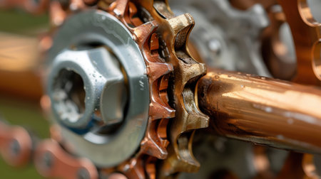 This close-up image showcases a bicycle chainring and cog with intricate detailing in a copper finish. Perfect for themes of mechanics and engineering.の素材