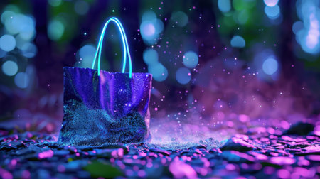 This captivating image showcases a stunning handbag enveloped in a magical glow, set against a dreamlike forest backdrop. The vibrant colors and sparkling effect create an enchanting atmosphere, ideal for fashion and nature enthusiasts.の素材