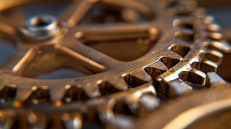 This close-up image captures a detailed view of a vintage gear mechanism, showcasing intricate teeth and a rich patina finish that highlights craftsmanship.の素材