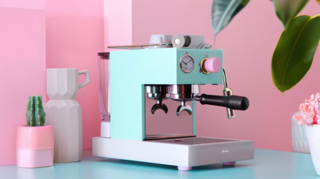 A chic espresso machine in pastel shades sits elegantly against a pink backdrop. Complemented by stylish accessories, it brings modern flair to any kitchen setting.の素材