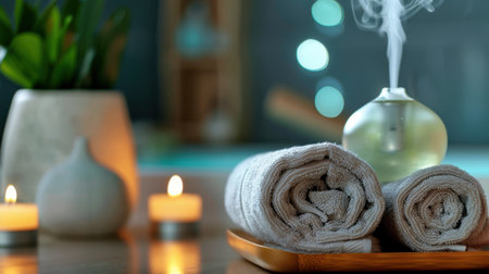 A tranquil spa setting featuring rolled towels, an elegant aromatherapy diffuser, soft candlelight, and indoor plants creates a soothing atmosphere for relaxation.の素材