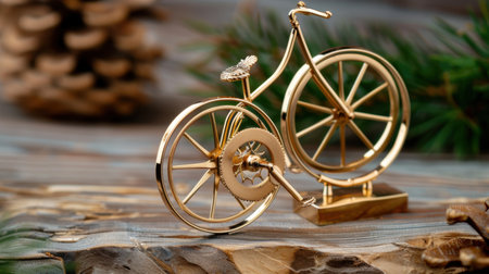 This striking golden bicycle model captures attention with its intricate craftsmanship, set against a rustic wooden background featuring natural elements.の素材
