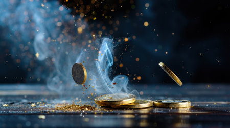 A striking image of golden coins scattering amidst wisps of smoke and floating sparkling particles, creating a captivating and mystical ambiance.の素材