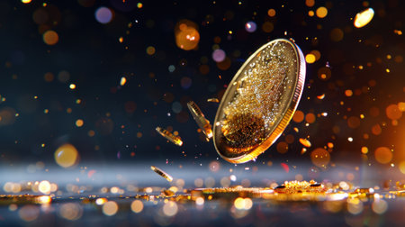 This captivating image showcases a gold coin floating gracefully amidst shimmering particles, creating a mesmerizing effect against a dark backdrop.の素材