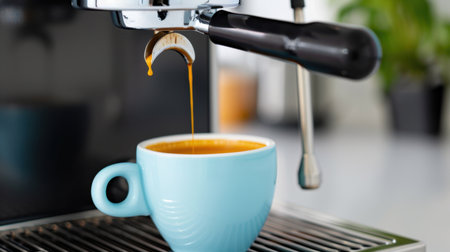 A close-up view of an espresso machine pouring a rich espresso shot into a light blue cup, set in a contemporary kitchen, capturing the essence of coffee culture.の素材