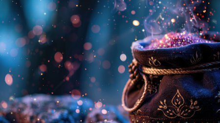 A captivating scene featuring a mysterious cloth bag filled with magical dust, surrounded by glowing sparkles in an enchanting forest atmosphere.の素材