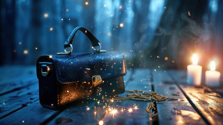 A vintage leather bag rests on a rustic wooden table, illuminated by soft candlelight. Magical sparkles create an enchanting atmosphere in a serene forest setting.の素材
