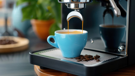 A captivating scene showcasing a blue ceramic cup as freshly brewed coffee flows from an espresso machine, surrounded by coffee beans.の素材