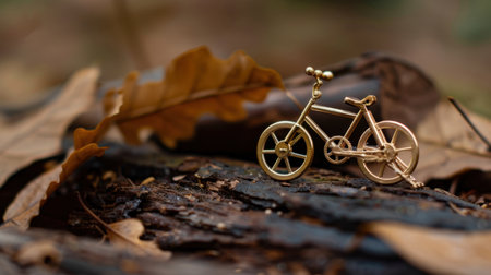 A stunning golden bicycle model delicately placed on a rustic wooden surface adorned with autumn leaves, capturing the essence of nature and artistry.の素材
