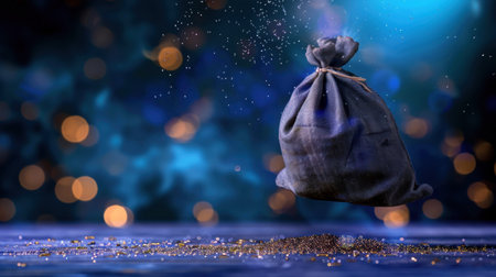A captivating image features a mysterious black bag floating above a trail of glittering dust, set against a vibrant blue bokeh background. The scene exudes an air of magic and elegance, perfect for creative projects.の素材