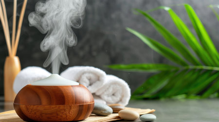 This serene image captures a wooden aromatherapy diffuser emitting steam, surrounded by soft towels and smooth stones, embodying tranquility and wellness.の素材