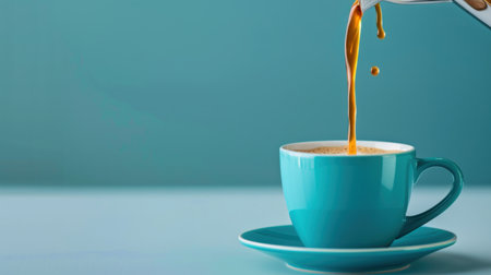 A stunning close-up of rich coffee pouring into a teal cup, set against a soft background. Perfect for cafe themes, relaxation, and lifestyle imagery.の素材