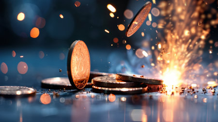 This striking image showcases coins scattering amidst a vibrant explosion of sparks, creating a captivating visual effect with a dark backdrop.の素材