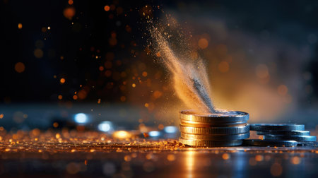 This striking image showcases coins surrounded by a spray of dust and particles, emphasizing themes of finance and investment in an artistic manner.の素材
