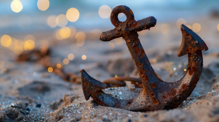 A close-up of a rusted anchor resting on the sand, surrounded by soft bokeh lights that create a dreamy and serene ambiance, perfect for evoking coastal nostalgia.の素材