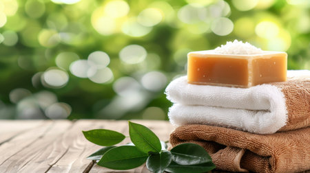 A serene setting featuring a bar of natural organic soap resting on soft cotton towels, accented by green leaves, perfect for wellness and spa themes.の素材