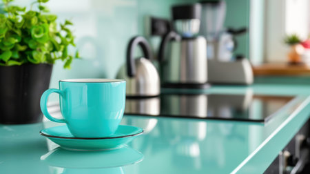 A vibrant blue coffee cup rests on a sleek kitchen counter, complemented by modern appliances and a touch of greenery, creating an inviting atmosphere.の素材