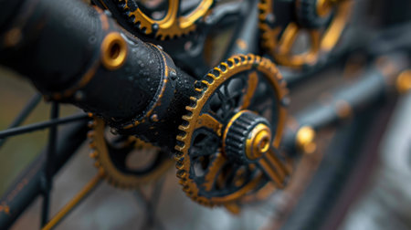 This close-up image showcases intricate vintage bicycle gears and cogs, elegantly adorned with water droplets, emphasizing mechanical beauty and craftsmanship.の素材