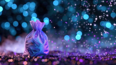 A stunning purple pouch glitters against a backdrop of vibrant bokeh lights, creating a dreamy atmosphere. Perfect for themes of celebration and magic.の素材