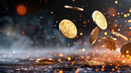 This striking stock photo features glimmering gold coins falling against a dark background, enhanced by sparkling bokeh effects, creating a dynamic and luxurious feel.の素材