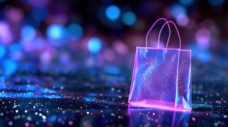 A visually stunning shopping bag illuminated in vibrant colors against a sparkling backdrop. The bokeh effect enhances the dreamy ambiance, ideal for retail themes.の素材